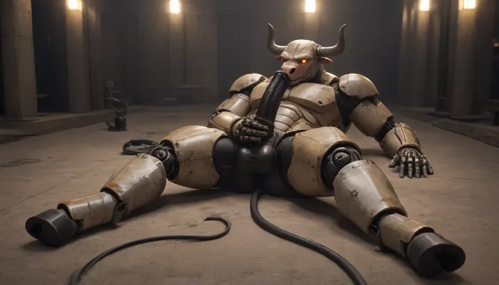 muscular male android, transparent robotic parts with glowing lights, mechanical body parts, guns in hand, fixed stare straight ahead, full body view. 1solo furry cyborgbull, solo, full body view, front view, full figured big anthro robot bull exposes its self, huge knotty cock, big ass, wide open asshole, hard erection, full exposed, hooves, horse phallus, horse penis, equine cock. Bovine android. Horns. Bulky. Flared cock. Bulky. Cow tail. Minotaur android. Cyborg Minotaur. Robot penis. Metal skin. Chrome plated. Exposed wires. Metal horns. Robot with a bull head. Mechanical body. Robot body. Cute cow face. Bovine head shape. Hooves. Metal body parts. Robot arms. Cybernetic implants. Glowing light in chest. Metal skin. Chrome skin. Robotic legs. Metal hooves. Sci-fi. Metal face. Glowing robot eyes. Mostly robotic. 25% flesh. Metal cock. Visible robo joints. Stroking his robocock. Cumming a black liquid, masturbation, orgasm, black cum, black semen. Hand on own penis. Black liquid coming out of cock. Erect cock. Lots of cum. Oversized balls. Laying down.