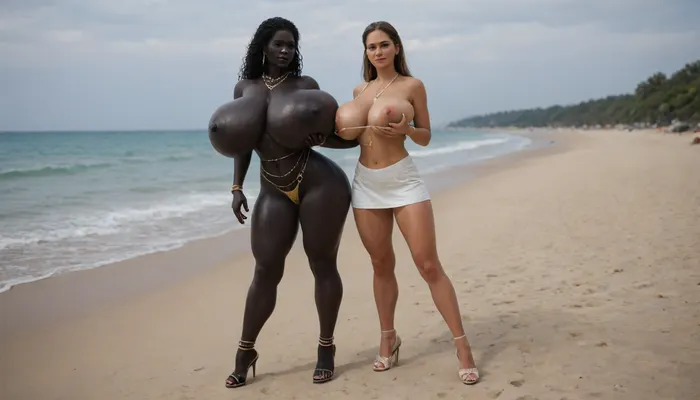 (absolutely black skin:1.85), (gigantic massive huge tits slender beauty model on the beach:1.25), (incredibly floppy saggy tits:1.35), (very large very dark areolae:1.25), erect nipples, seduction, model with full body and face, ((groping tits and ass)), ((very high plateau heels)), (bikini), ((belly chain, anklet, bracelet, jewelry, necklace)), (micro skirt, sun dress), oiled up, light hairy pussy, very detailed image, ultra high definition