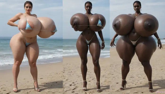 (absolutely black skin:1.85), (gigantic massive huge tits slender beauty model on the beach:1.55), (incredibly floppy saggy tits:1.35), (very large very dark areolae:1.25), erect nipples, seduction, model with full body and face, ((groping tits and ass)), ((very high plateau heels)), (bikini), ((belly chain, anklet, bracelet, jewelry, necklace)), (micro skirt, sun dress), oiled up, light hairy pussy, very detailed image, ultra high definition