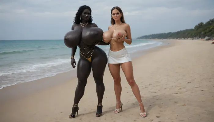 (absolutely black skin:1.85), (gigantic massive huge tits slender beauty model on the beach:1.25), (incredibly floppy saggy tits:1.35), (very large very dark areolae:1.25), erect nipples, seduction, model with full body and face, ((groping tits and ass)), ((very high plateau heels)), (bikini), ((belly chain, anklet, bracelet, jewelry, necklace)), (micro skirt, sun dress), oiled up, light hairy pussy, very detailed image, ultra high definition