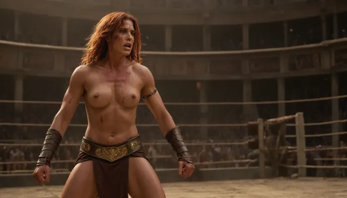 Create a female warrior, Beautiful 30yo woman, WET Dark Brown straight hair, big saggy tits with big nipples and hairy pussy visible, gladiator standing in a Roman coliseum arena, 3/4 view, topless with bare back and muscular physique, long hair blowing in the wind, wearing a tattered short leather gladiator skirt with ornate metal belt and thigh straps, holding a large round battered shield in one hand and a gladius sword in the other, dramatic golden hour lighting, sweat-glistened skin, crowded blurred spectators in the background, epic cinematic atmosphere, lion in the background, Dynamic view, Dynamic pose, highly detailed, photorealistic, 8k, style raw., action, shot, (handsome Italian gladiator, with a big hard cock. Well defined chest and abs, in chains, sitting on a quader rock, amrs and legs chained to the rock), exhibitonists, presentig his hard cock, cum dripping on top, ((many spectators sitting in the arena's stands)), (soldiers in roman unniform mustering the gladiator and his huge hard cock), . roman era, huge dick, 25cm long dick, whole body covered in bruises and abrasions, pain expression, all bruised up, (cuts and wounds on whole body:1.6), ((muscular female fighter)), ((massive muscles)), hyperrealistic, (tall woman), ((extremely muscular woman)), roman gladiator, broad shoulders, large breasts, short red hair, ((strong physique)), ((detailed abs and arms)), dark brown leather and gold bra and skirt, gold jewelry, mma gloves, in an arena scene, pale tan skin, lots of detail on clothing and armor, sharp expression, intense expression, (mid-punch pose), powerful stance, close up view, <lora:Manga_Action_Shot:.8>