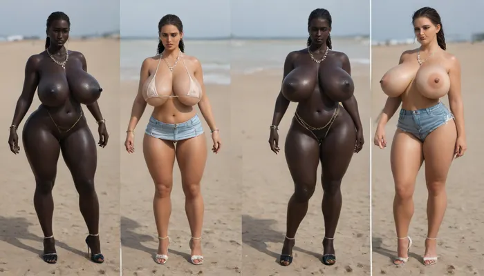(absolutely black skin:1.85), (gigantic massive huge tits slender beauty model on the beach:1.25), (incredibly floppy saggy tits:1.35), (very large very dark areolae:1.25), erect nipples, seduction, model with full body and face, ((groping tits and ass)), ((very high plateau heels)), (bikini), ((belly chain, anklet, bracelet, jewelry, necklace)), (micro skirt, sun dress), oiled up, light hairy pussy, very detailed image, ultra high definition