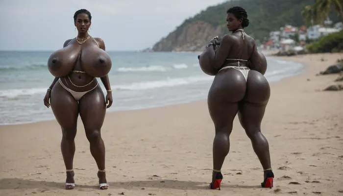 (absolutely black skin:1.85), (gigantic massive huge tits slender beauty model on the beach:1.25), (incredibly floppy saggy tits:1.35), (very large very dark areolae:1.25), erect nipples, seduction, model with full body and face, ((groping tits and ass)), ((very high plateau heels)), (bikini), ((belly chain, anklet, bracelet, jewelry, necklace)), (micro skirt, sun dress), oiled up, light hairy pussy, very detailed image, ultra high definition