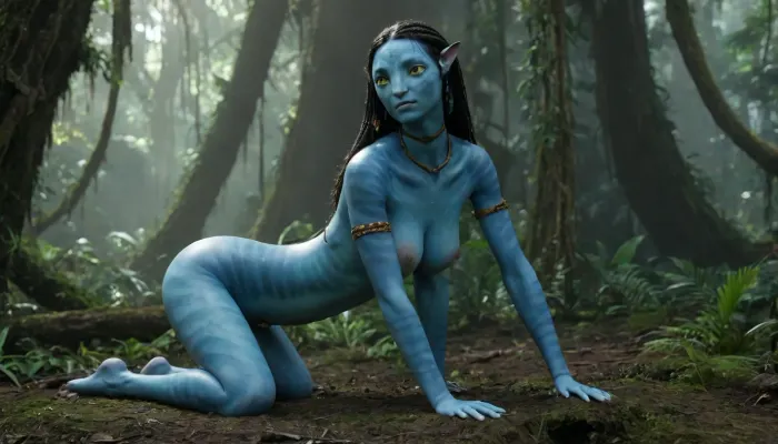 solo, 3/4 view, (Na'vi female from Avatar:1.6), (tight large breasts:1.6), ((untrimmed wild bushy pubic hair)), (side view:1.6), ((crawling on all fours)), (nuded:1.9), (Jungle:1.6), Avatar, environment, Machinery, Na'vi, Neytiri, Tsireya, Ronal, <lora:Avatar v1.0:.8>