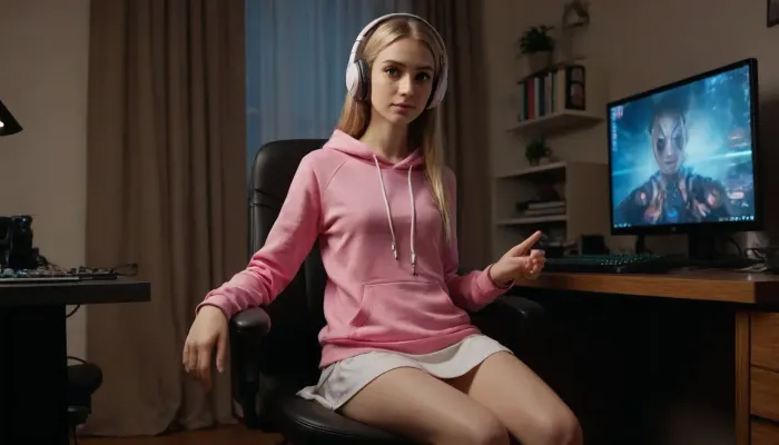 A highly detailed and realistic portrait of a tall skinny woman with an intellectual yet attractive appearance. She has a delicate face, smooth fair skin and long, straight blonde hair. expressive eyes, gamer headphones that give her a sophisticated and diligent look.

She is dressed in a pink hoodie and skirt, without panties. She is sitting on a gamer's chair in a relaxed pose, her leg is up to the side, her white cotton panty is visible, and she is holding a joystick in her right hand, taking a break from the video game. Her gaze is calm and thoughtful, as if she is deep in thought about the game. Her posture exudes elegance and intelligence, combining a sense of concentration with a subtle shyness.

The setting is a home room, with a monitor, keyboard and joystick scattered on the table, emphasising the blogger's gamer theme. The lighting is soft, evening, creating a warm glow that emphasises facial features and enhances the realism of the scene. The overall atmosphere balances between professionalism and an intriguing, alluring charm.