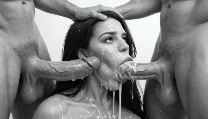 (black&white:1.9), white background, white room, naked white mature woman, (milf:1.1), (extremely long smooth black hair:1.6), (wide_hips:1.5), (Massive ass:1.2), thin waist, (massive breasts:1), her legs are widely spread, cum dripping from her vagina, after sex, she is rubbing her pussy, front view, throat blowjob, huge 19 inch thick cock, (stretches the throat:1.1), throat bulge, sucking a huge thick 19 inch penis, both hands on her head, the penis disappears completely into her mouth, ballsdeep, facefuck blowjob, extremely deepthroat blowjob, brutal mouth fuck, excessive cum dripping from penis, excessive cum on face, slobber, oral sex, woman, sucking, a, cock, (realistic excessive thick runny cum all over her face and body), mouthfull of cum, cum dripping out of her open mouth, mouth full of cum, lots of very thick cum, loads of cum, on, excessive bukkake, cum, facialized, superfacialized, surrounded by dicks, masturbating, 3+ men, 4ng3l, face, <lora:WTS - WhatTheSuck - v1:1>, <lora:SDXL_BetterFaces-LoRA_v1:.9>