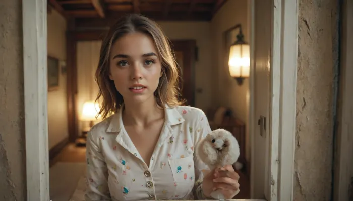 Full body image, viewer is outside, POV of a peeping-tom looking through a window from outside at a cute, mousy 19-year-old girl inside the house. She is curvaceous with wide hips, large breasts, and a skinny waist. Her shocked expression is dorky and adorable as she wears pajamas. With her hand in her pants, she appears surprised in the nighttime setting, illuminated by warm, golden lamp light. Her symmetrical eyes, perfect teeth, and sexy mouth create an alluring look., <lora:MJ52:1.2>