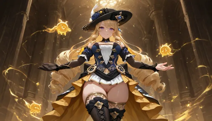 Adult, full-length girl, beautiful, fluffy dress, black steampunk style costume with yellow elements, gothic style dress, Navia from the game Genshin Impact, (long yellow hair), purple eyes, happy smile, 1 girl, bare breasts, pussy visible from under the dress, looking at viewer, shiny skin, blush, bangs, woman, _jbright__, (genshin, impact), solo, navia, (genshin, impact/), jewelry, black thigh-high stockings, black studded thigh-high boots, <lora:Navia_XL_LoRA:2>