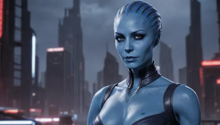 (Masterpice), (HD4K visual), (detailed background), 4K ultra-detailed image, HDR, enhancement, professional photography, clear face, detailed face, precise anatomy, (perfect symmetry), (5 fingers per hand), maximum resolution, sharp focus, NSFW, one female blue skinned Asari from mass effect, beautiful blue skin, blue eyes, tall, thin frame, gigantic breasts, tank top, short shorts, leather jacket, background futuristic city, Asari, ratatatat74, incase, style, <lora:asari-sdxl:1.4>, <lora:ratatatat74-000050:1.4>, <lora:Incase_Style__SDXL:1.4>, <lora:fairytale_and_mythical_characters_r1:1.4>