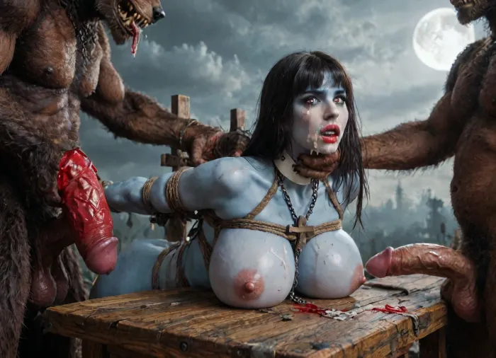 (vampirella:1.32), ((Vampirella is a tall, pale woman with a mane of raven-black hair and green eyes. Her look is that of a skimpy, red sling bathing suit barely covering her nipples and genitalia, with a golden bat emblem over the crotch. She wears an upturned white collar at her neck, long, high-heeled black boots, and a golden bracelet on one arm)), female drow elf barbarian, (blue skin:1.82), tall, angry, busty, curvy, thin waist, big boobs, big butt, slim, fit, vitiligo, strong, fur pelt armor, dungeons and dragons, purplish blue skin, black and purple hair, Dark, Elf, Warrior, tattooed, scarred, purple eyes, blue skin, amazon, giant, fur barbarian armor, bloody, blood spatter, bear, bear heart, (in a bloody filed after a battle, white full moon in the sky:1.4), (man is choking her from behind:1.2), ((hogtied, bound with large chains, crucified to a torture table, spikes through hands:1.3)), (torture:1.32), horror-themed, (NSFW, rating_explicit:2), (looking at viewer:1.6), (female_focus:1.1), (6 hyper huge werewolves), with glowing red, (malevolent eyes:1.2), huge monster werewolf dick, crying, extreme cumshot, cum on face, cum on body, side view, lifted between two, bukkake, cum in face, (werewolf is choking her from behind:1.6), ((hogtied, bound with large chains, tied to a torture table:1.18)), ((12 giant muscular werewolf:1.4)), (opening wide her little mouth:1.5), (analrape werewolf sex), ((anal fuck 1.5)), (hyper massive werewolf cock:1.2), of the beast is to big for her little mouth, (4 gigantic African black brute thug, huge trunklike arms, huge head, hyper muscular body, dressed in slave clothes:1.32), ((hogtied, bound for sex, tied up)), (covered in cum), ((tears:2)), large hyper muscular fat old werewolf, (double anal sex), swollen white veiny cocks, (double anal penetration:1.4), hardcore double penetration, proper physics, big white cocks, muscular old werewolf double anal gangbang, Uber realistic, 8k, ultra detailed, masterpiece, arched back, detailxl, 35mm photograph, film, professional, 4k, 1girl, 5 boys, hdr, photographic, ultra realistic, ultra high details, back light, (front view), (dynamic pose), best quality, incredibly lean body, anal sex, with large muscular werewolf, gargantuan werewolf cocks, magazine cover, Realism_Quality_2xx_By_Stable_Yogi, score_9, score_8_up, score_7_up, (((very pretty face:1.3))), (((extremely ultra detailed face:1.3))), perfect fingers and hands, upper body view, (extreme size difference:1.6), (ultra realistic), (maximum quality), (high resolution), (extreme detail), (ultra realism), UHD, super high quality, highly detailed, high resolution, perfect lighting, natural lighting, (dynamic angle), (random angle), (random pose), (dynamic view), (random view), golden hour, rich details, nature-inspired color palette, <lora:Dark_Elf_Warrior:2>, <lora:zavy-brbrn-sdxl:2>, <lora:LCMTurboMix_Euler_A_fix:2>, <lora:EdobHorrorLandscape_XL_v1.0:2>, <lora:EdobWerewolf_XL_v1.0:2>