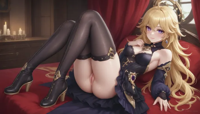 Adult, full-length girl, beautiful, fluffy dress, black steampunk style costume with yellow elements, gothic style dress, Navia from the game Genshin Impact, (long yellow hair), purple eyes, happy smile, 1 girl, bare breasts, pussy visible from under the dress, looking at viewer, shiny skin, blush, bangs, woman, _jbright__, (genshin, impact), solo, navia, (genshin, impact/), jewelry, black thigh-high stockings, black studded thigh-high boots, <lora:Navia_XL_LoRA:2>