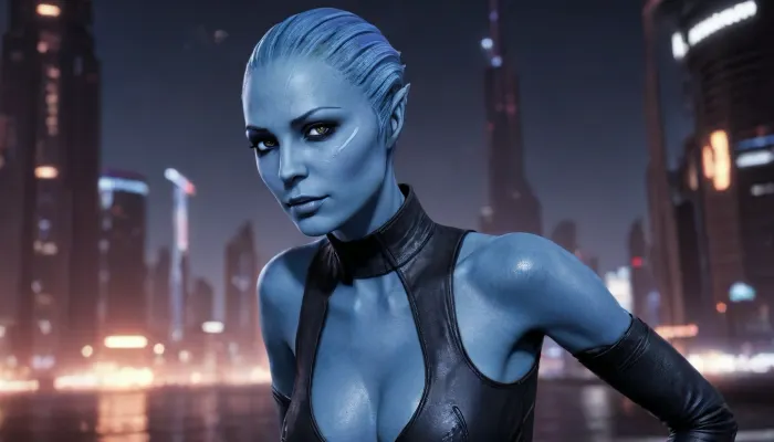 (Masterpice), (HD4K visual), (detailed background), 4K ultra-detailed image, HDR, enhancement, professional photography, clear face, detailed face, precise anatomy, (perfect symmetry), (5 fingers per hand), maximum resolution, sharp focus, NSFW, one female blue skinned Asari from mass effect, beautiful blue skin, blue eyes, tall, thin frame, gigantic breasts, tank top, short shorts, leather jacket, background futuristic city, Asari, ratatatat74, incase, style, <lora:asari-sdxl:1.4>, <lora:ratatatat74-000050:1.4>, <lora:Incase_Style__SDXL:1.4>, <lora:fairytale_and_mythical_characters_r1:1.4>