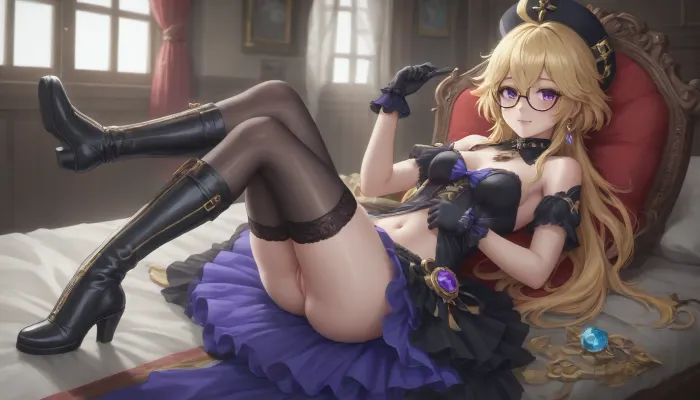 Adult, full-length girl, beautiful, fluffy dress, black steampunk style costume with yellow elements, gothic style dress, Navia from the game Genshin Impact, (long yellow hair), purple eyes, happy smile, 1 girl, bare breasts, pussy visible from under the dress, looking at viewer, shiny skin, blush, bangs, woman, _jbright__, (genshin, impact), (genshin, impact/), black thigh-high stockings, black studded thigh-high boots, zzSucrose, ahoge, brown, glasses, gradient, hair, between, messy, multicolored, semi-rimless, eyewear, short, animal, ears, frills, fur, collar, gem, gloves, long, white, headwear, zettai, ryouiki, skirt, <lora:SucroseGenshinIXL:.8>