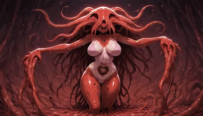 fantasy realm, adult face, Japanese 20 years old woman, (eldritch flesh god abomination skin color:1.8), malformed stretched arms, pink lingerie, standing in bedroom, <lora:hentai_anime_style_xl_v1:.8>, <lora:outline_xl_kohaku_delta_spv5x:2>, <lora:Animated_Concept:.8>