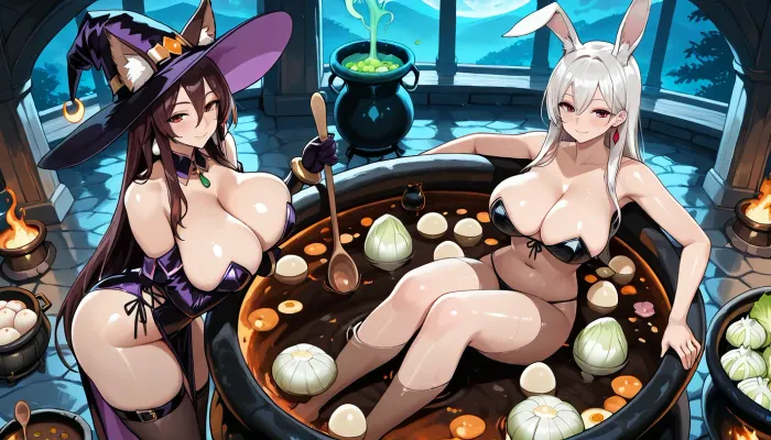 (Fantasy Artwork), (2women), (sexy witch kisses a woman sitting in a colossal cauldron), (A woman soaking inside a colossal cauldron filled with a large volume of boiling carrot stew), She wears white rabbit ears. various vegetables and herbs are scattered within it. Shredded cabbage, (Sexy witch stirs the cauldron with a giant wooden spoon), Sexy witch stands next to the cauldron, turnips, radishes, and egg dumplings float in the broth. Cozy and playful. dramatic angle, extreme angle shot, natural beauty, (High, Resolution), (More, Details), (8K), <lora:outline_xl_kohaku_delta_spv5x:.8>, <lora:checkpoint-e100_s400:.8>