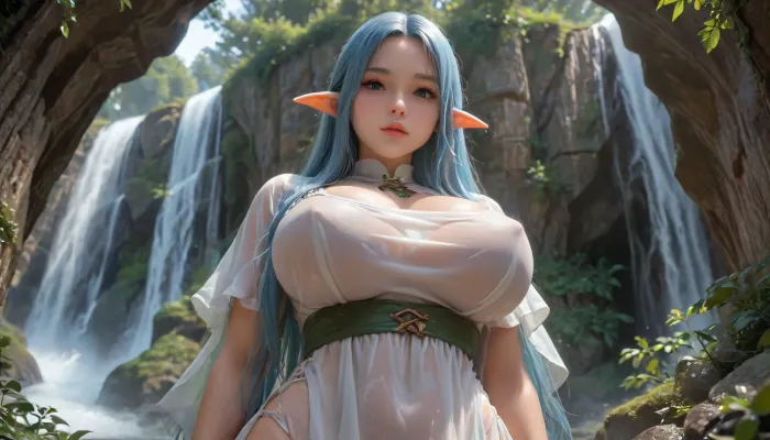 beautyful elf, cute, tiny, blue hair, standing, (big breasts:1.3), waterfall, wet medival elf outfit, from below view, 4ng3l, face, High, Elf, Archer, soakingwetclothes, <lora:SDXL_BetterFaces-LoRA_v1:2>, <lora:high_elf_archer_v0.0.1:2>, <lora:soakingwetclothesXL:1>