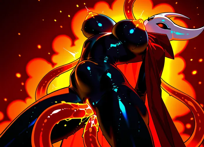 masterpiece, woman, Hornet_HK, Hollow Knight, Silksong, red cloak, black body, black skin, venus body, held in the air by orange tenticles, glowing perky nipples, glowing pussy, tentacles in pussy, tentacles grabbing boobs, tentacles grabbing thighs, tentacles groping and grabbing and squeezing, tentacles in body, tentacles choking, tentacles around waste, tentacles in ass, belly bulge, double penetration, tentacle fuck, struggling, sweaty, white mask, blushing, orgasm, glowing orange eyes, looking up, arched back, surprised face, HD crisp graphics, moody lighting, unfocused background, closeup view, hornet, <lora:hornet:.8>, geode, c4v3, <lora:geode_c4v3:.8>