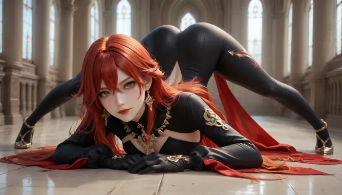 Mavuika from genshin impact, castle background, beautiful face, beautiful nose, Russian eccentricity, perfect eyes, perfect nose, clear face, red lipstick, necklace, sexy, seductive smirk, large, breasts, big, boobs, huge, tits, red long hair, orange and black, 1girl, red long, hair, solo, jewelry, looking, at, viewer, earrings, red, multicolored, black, gloves, eyes, orange, black bottom, bodysuit, sleeves, very, closed, mouth, <lora:maweika135_xllora:.8>, out, <lora:Tongue out_SDXL:.8>, full body, jack o challenge