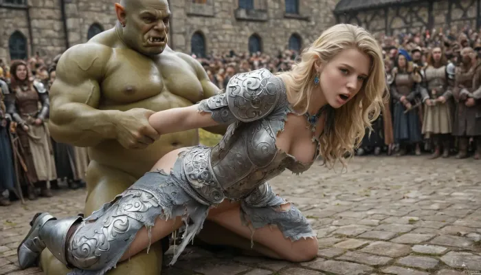 (nsfw), (Fantasy), (masterpiece), (best quality), (high resolution), (anal sex), arm grab, hetero, Scandinavian woman, (big orc Warrior), detailed long blonde hair, detailed clear blue eyes, detailed round breast, fake tits, (detailed armored dress), (torn clothes), detailed medieval market square background, (female orgasm), (orc crowd), foreground, wide shot, looking at viewer, dynamic angle