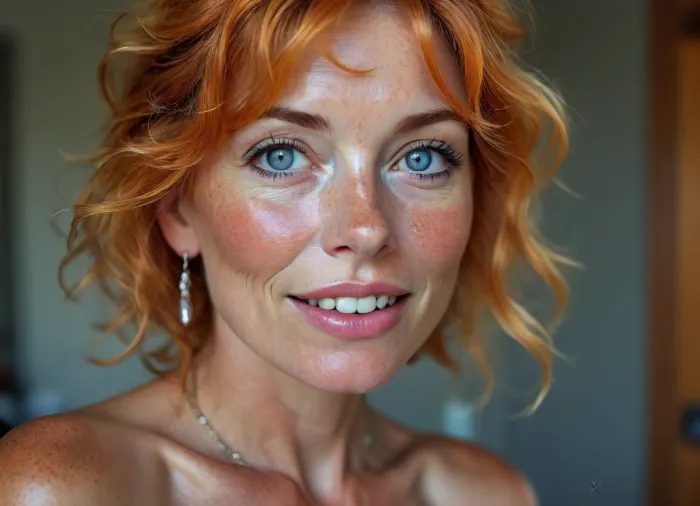 ASSIGNMENT, Create an award-winning model sheet of a gorgeous 58-year-old MILF with graying light orange hair nude, BREAK.

CLOTHING, naked, big earrings, necklace, BREAK.

FACE, (58 years old), mature, (very full, rounded face), wide heptagon face, detailed face, chin up, straight nose, (enormous blue eyes), some wrinkles, expressive eyes, long eyelashes, a wide welcoming smile, maternal, ((perfect big square teeth)), creamy white skin, ((lots of soft freckles)), big moist lips, makeup, looking at viewer, BREAK. BODY, 58 years old, soft lush curvy body carrying a few extra pounds, naturally sagging body, creamy skin, pale skin, (lots of soft freckles), detailed natural skin with age spots and freckles and a few wrinkles, detailed realistic skin with pores and blemishes and hair follicles, full waist, wide hips, (detailed very large natural breasts with enormous areolae and big puffy pale nipples), D cup, very hairy ginger bush, nice rounded ass, perfect hands, handslora, BREAK.

HAIR, (graying light orange hair), full wavy hair, graying hair, ((gray/orange hair)), thick short curly hair and bangs, short hair, detailed hair, BREAK.

LOCATION, neutral background, BREAK.

POSE, standing, multiple views of the same character, model sheet, (front view, side view, rear view), BREAK.

AESTHETIC, score_9, score_8_up, score_7_up, solo, cinematic, 8K, hyper realistic, sexy as hell, BREAK.

TEMPLATES, but, <lora:MJ52:2>, <lora:add-detail-xl:2>, <lora:BUT_SDXL_SHS:1.3>, <lora:xl_more_art-full_v1:2>