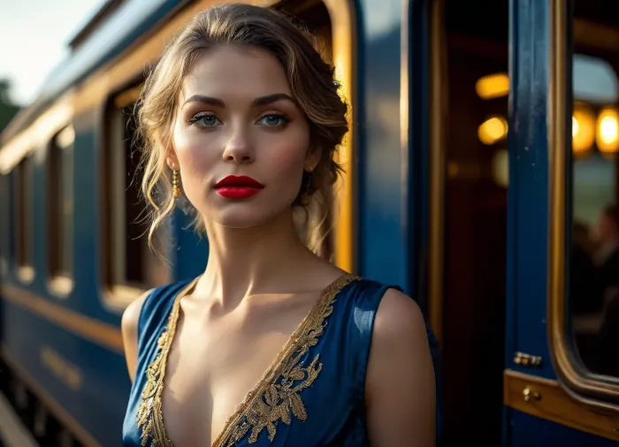(the exterior of a Blue train carriage in the background), portrait of elegant woman as she boards the orient express, 1890's fashion, elegant silk dress, red lips, confident sultry expression, warm golden platform lighting, dramatic shadows, cinematic editorial fashion photography, (close-up:.8), f/1.4, shallow depth of field, film noir mood, warm amber and deep shadow colour palette, highly detailed, photorealistic, <lora:MJ52:.7>