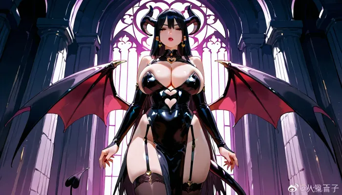 1girl, 1boy, succubus standing, very long black hair, cun