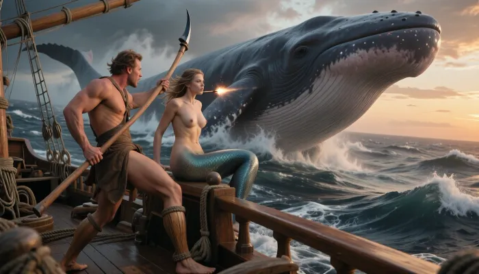 (UHD), Decades have passed since the whaler Essex sank in the Pacific, and the thirst for revenge and the promise to kill the giant, .1.3, (((Nude woman mermaid sitting on wale))), whale called the mubydick that severed his leg a few years earlier are about to be fulfilled. A Norwegian whaler, with a harpooner with a wooden leg, fatigued by the great waves of the sea, pursues a giant whale called the moby dick. The storm rages, and the Norwegian ship is equipped with a large harpoon on the bow, along with a sailor with a wooden leg ready to fire the harpoon at the giant whale. The whaling ship pursues a 25-meter-long sperm whale in the midst of the storm, In front of the whaler, a large whale almost grazes the bow, passing through a giant wave. View from the helm, harpooner on the bow. The whale is gigantic, the sea and waves are churning. The man fires his harpoon. You can see the enormous size of the giant whale in front of the boat, escaping. The image quality is spectacular. The details in the sunset light make the whale's body and skin absolutely perfect.