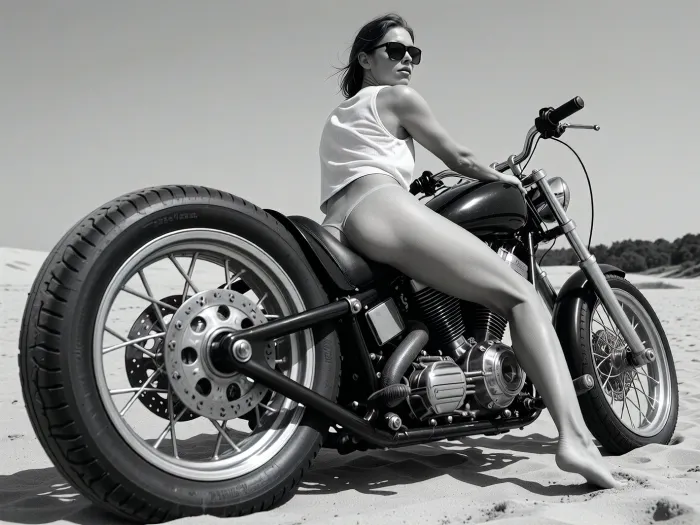 A highly detailed photorealistic black and white cinematic scene set on a sandy beach under clear bright daylight, a confident adult woman with a slim, athletic and well proportioned body leans far forward on a custom built low chopper trike motorcycle, her posture relaxed yet dominant, her upper body slightly turned toward the camera while her head looks back over her shoulder with a calm, self assured expression, She has a slight swayback, (her small and firm bottom is pushed towards the viewer:1.2), Her very loose-fitting, (narrow underwear had slipped slightly to the side:1.3), she wears dark aviator sunglasses reflecting the bright sky, her hair pulled back loosely, she is dressed in minimal light clothing, a cropped loose white sleeveless shirt slightly lifted and soft fabric underwear, her skin smooth with natural highlights from strong sunlight, subtle shadows emphasizing her body shape

The motorcycle is a highly detailed custom trike with a large rear wheel and visible mechanical structure, exposed engine components, polished metal surfaces, intricate spoke wheels, thick rear tire dominating the left side of the composition, the frame low and elongated, chrome elements reflecting light with high contrast, textures of metal, rubber and sand extremely sharp and realistic

The camera angle is low and slightly behind the motorcycle, emphasizing the scale of the rear wheel and the mechanical complexity, creating a powerful perspective with strong depth, the foreground dominated by the wheel and engine, the woman positioned slightly above and forward, forming a diagonal composition

The environment is a sandy open landscape with soft dunes and a distant tree line on the horizon, the sky clear and bright, harsh natural sunlight creating strong contrast, deep shadows and bright highlights typical of analog black and white photography, subtle grain structure visible, high dynamic range but without digital sharpness

Shot on 35mm film, analog photography, high contrast black and white tones, natural light, hard sunlight, deep shadows, fine film grain, slight imperfections, non uniform sharpness, realistic textures of skin metal and sand, cinematic composition, strong perspective, documentary style realism, no digital smoothing, no HDR look