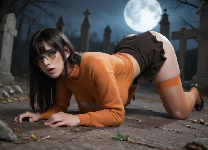 (closeup side view of scared ghosthunter, sprawled face down on ground in creepy graveyard at night), (focus scared), /Larkin, (focus 30 years old), scared, face down, (sprawled face down:.8), wide blue eyes, perfect face, (straight black hair, bangs), light makeup, (large breasts, DD cup breasts), (ripped orange sweater, short brown skirt, ripped orange stockings, brown high heels), ripped clothing, black-framed eyeglasses/, in creepy graveyard, full moon, (focus nighttime), larkinlove, <lora:larkinlove:.8>