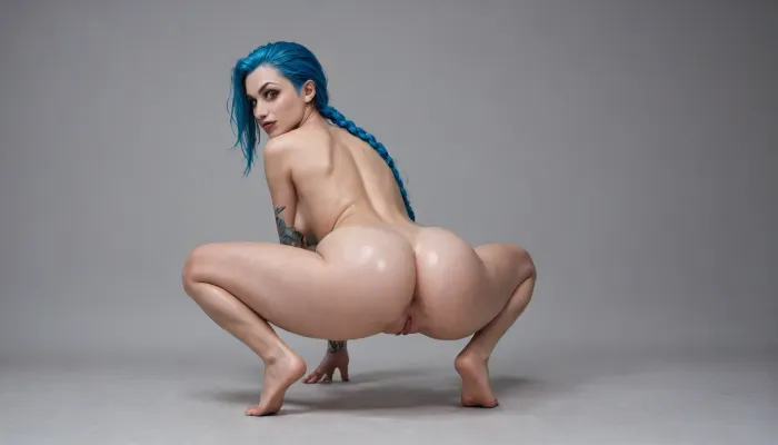 She has beautiful eyes, perfect eyes, big round eyes, highly detailed eyes vibrant blue hair flowing wildly, with a porn manic, intense expression, round tight ass, tight legs, perfect body, perfect anatomy, deep squat position, laying, The background is a chaotic, purple and abstract energy. High-contrast digital art style, sharp details, hyper-stylized and gritty aesthetic, oiled body, full body, fully Naked, focus on ass, (league, of, legends), (league, of, legends\), arcane, jinx, low, twintails, blue, hair, pink, eyes, masterpiece, realistic, <lora:Jinx_LOL_AnimeRealistic_SDXL_V1.0:.8>