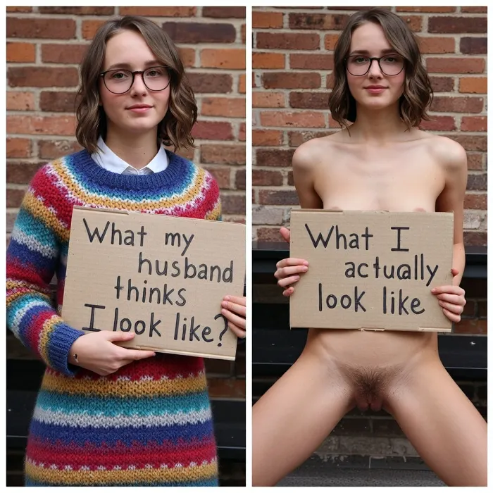 side-by-side two pictures of a young woman, (((greta thunberg))), medium breasts, short wavy brown hair, glasses, in front of a brick wall. On the first picture on the left she wears a woolen colorful sweeter dress, and holds a handmade sign with text "What my husband thinks I look like?". On the second picture on the right she is naked, nude, hairy vagina, standing with spread legs, and holds a handmade sign with text "What I actually look like".