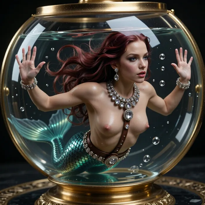 A miniature mermaid, 3 centimeters tall, with flowing deep red hair, swims inside a round goldfish bowl, the bowl has an elegant metallic rim and decorative base, her shimmering green fish tail is detailed with individual glistening scales, she wears a wide diamond-studded necklace from which a leather leash, also adorned with diamonds, extends, her hands press flat against the inner glass, reflections of the water surface ripple across her skin, bubbles rise around her, her facial features are intricately detailed and beautiful, diamonds catch the light as she gazes outward, the goldfish bowl fills the frame, maximizing the mermaid’s presence, with a cinematic, highly detailed photorealistic depiction of skin texture, shimmering scales, and sparkling diamonds.