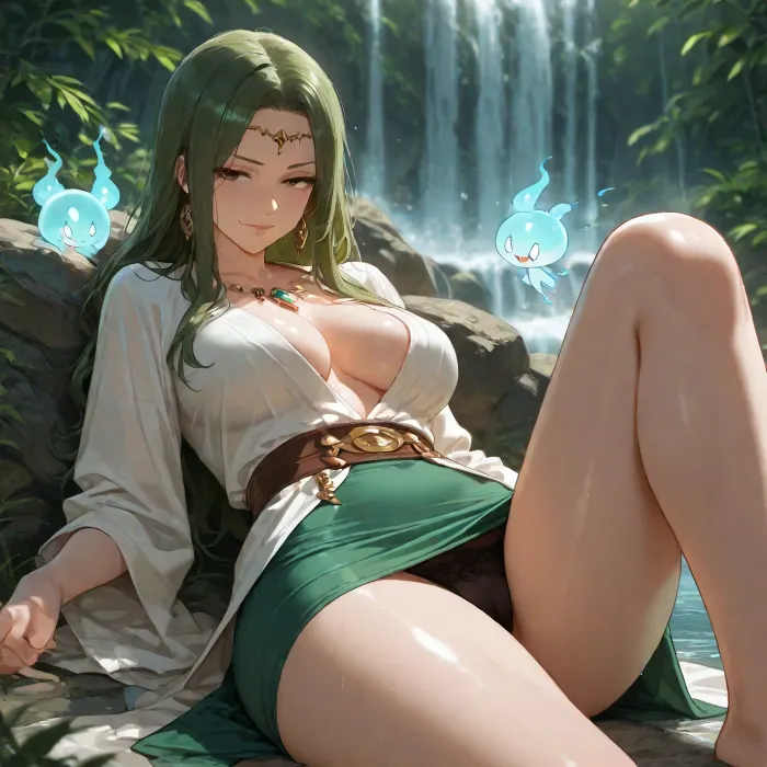 (wisp summoner, milf, medium breasts, smirking), lying back, one knee up, waterfall background, low view from front, upskirt