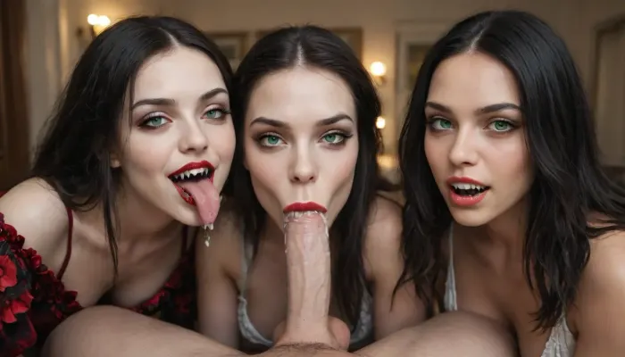 "A man and 2 women wearing loose cotton floral dresses, (different looking women, different hair colours and length), (no bra), sucking wealthy mans cock inside a ghostly dimly lit apartment, (perky cleavage), (small cleavage:1.6), (sagging cleavage:1.4), no bra, long straight dark hair, (waist long hair), (majestic green eyes:1.4), (sharp vampire teeth:2.1), (long incisor teeth:1.6), red lipstick, wide set eyes, (pale skin:1.5), hair flowing over her shoulder, (formal styled hair), (thick dark iris rings:1.4), wide lips, (flirty eyes:1.4), (deepthroating cock:1.4), (sucking hard:1.6), (long skinny legs), (cum dripping down shaft:1.4), woman is leaning over to deepthroat his cock, (deepthroat:1.5), second woman groping her breasts, POV, (close up:1.8)