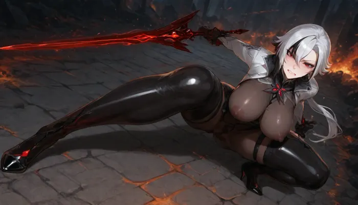 Arlecchino from Genshin Impact, beautiful mature woman, short white hair with black streaks, sharp red eyes, pale skin, dynamic full body action pose, high angle top-down view, crouching low in ready stance with legs wide open, holding Crimson Moon's Semblance diagonally across body, full body visible, wearing ultra sheer black full-body pantyhose, extremely thin transparent seamless black nylon bodysuit, micro thin see-through pantyhose covering entire body from neck to toes, delicate transparent black tights, completely sheer black stockings catsuit, skin clearly visible through fabric, soft glossy nylon texture, tight stretched sheer fabric over breasts, wide hips and crotch, pussy and anus fully visible through the sheer black pantyhose from above, (extremely dense bushy jet black pubic hair:1.45), thick black anal hair, detailed hairy anus, massively dilated anus, embarrassed yet fierce expression, looking up at viewer with heavy blush, gritted teeth, sweat on face, dramatic lighting, battlefield background with fire and dark energy, highly detailed, sharp focus, cinematic, 8k, masterpiece, best quality
