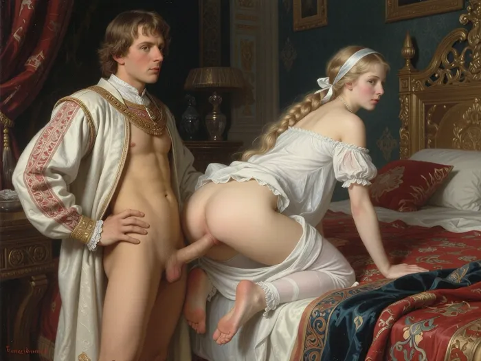 Russian artist's painting "False Dmitry I and Tsarevna Xenia Godunova" in the style of the Russian artist Vasnetsov. Young Russian Tsar Dmitry I, a historical figure who seized power in the Russian Empire, he stands in the royal bedroom of the palace, he is dressed in an open noble caftan of the early 17th century, in front of him stands on all fours at the edge of the royal bed on a very tall beautiful Russian girl, a princess with a long blond braid, like a Russian princess. A noble girl of the 17th century, white nightgown, a ribbon on her head. The hem of her white nightgown is up, (her ass are visible), (the hem of the white nightgown is pulled up:1.5), and he fucks her doggystyle. A submissive submission sex scene doggystyle vaginal sex, ((the main focus in the picture is on the tally girl)), (Historical accuracy of outfits:1.8)