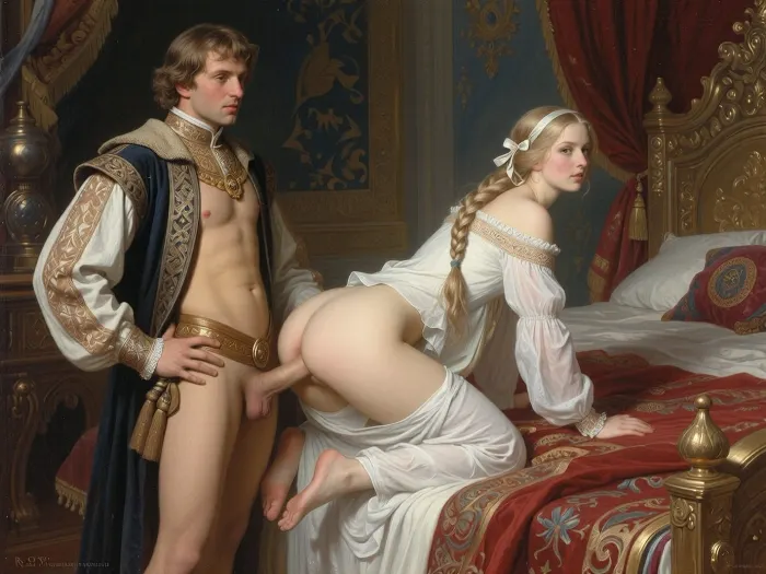 Russian artist's painting "False Dmitry I and Tsarevna Xenia Godunova" in the style of the Russian artist Vasnetsov. Young Russian Tsar Dmitry I, a historical figure who seized power in the Russian Empire, he stands in the royal bedroom of the palace, he is dressed in an open noble caftan of the early 17th century, in front of him stands on all fours at the edge of the royal bed on a very tall beautiful Russian girl, a princess with a long blond braid, like a Russian princess. A noble girl of the 17th century, white nightgown, a ribbon on her head. The hem of her white nightgown is up, (her ass are visible), (the hem of the white nightgown is pulled up:1.5), and he fucks her doggystyle. A submissive submission sex scene doggystyle vaginal sex, ((the main focus in the picture is on the tally girl)), (Historical accuracy of outfits:1.8)