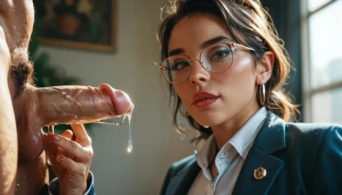 professional photography, description of woman looking at a penis dripping translucent precum, (translucent precum strings:1.2), <lora:MJ52:.8>