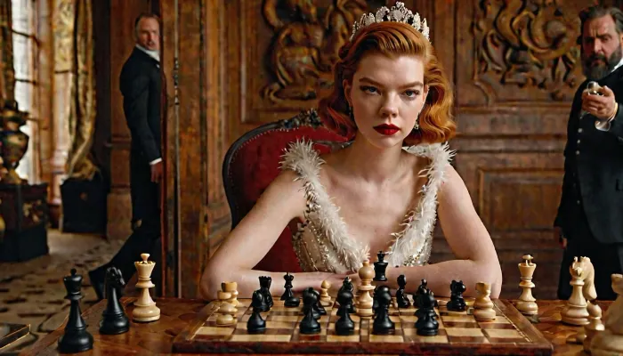 woman, (((beautiful queen's gambit Anya Taylor-Joy playing chess))), ginger hair, ((intricate ginger short square hairstyle with feather decoration)), symmetrical facial features, wearing a white coco chanel haute couture dress, round neck, ((cat-eye makeup, red lipstick)), fantastic, whimsical, Elie Saab, Iris van Herpen, bottle of whiskey in Hand, relaxed, background of a chess tournament, high facial detail, Character Design, TXAA, 32 kb, High detail, playing with a muscular man, aerial view, full body view, (((SFW))), Intricate motifs, Organic pattern, Perfect Composition, Digital Painting, Artstation, Smooth, Clear focus, Illustration, Over-detailed, Realistic, Hyperrealism