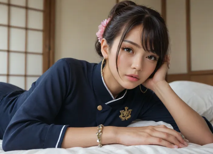Beautiful Japanese woman, 18 years old, tan, shiny_skin, hair_bun, jewelry, (Beautiful_Japanese), (((Japanese, stereotypical Japanese woman))), Asian_eyes, Almond_eyes long_hair, bangs, bracelet, shrug_, is wearing college uniform, slim, brown_hair, bedroom, earrings, lips, scrunchie, parted_lips, shiny_hair, lying, hair_ornament, flower, on_back, hoop_earrings, thin lips, small nose, button nose