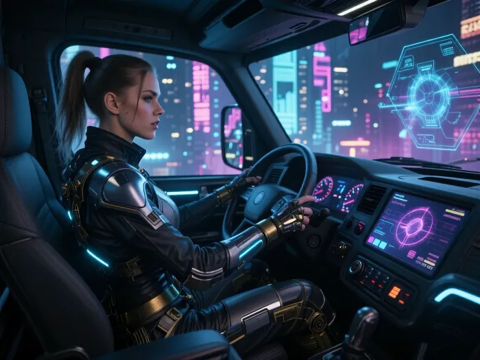 A video featuring a female long-haul lorry driver in a cyberpunk style, set in the year 2077, she is dressed in futuristic high-tech clothing and is driving a high-tech, illuminated autonomous lorry, the dashboard of which reflects the city’s neon lights and holograms, Hyper-realistic, 8K, volumetric lighting, Unreal Engine 5, (detailed cyberpunk style — 16:9), aspect ratio, (cinematic shot, female cyberpunk truck driver, 2077, high-tech clothing, sitting in the cab of a high-tech autonomous truck, reflections of the city’s neon lights, holograms on the dashboard, hyperrealism), Cyberpunk, Science Fiction, Steampunk, Post-apocalyptic, Cinematic, Volumetric lighting.