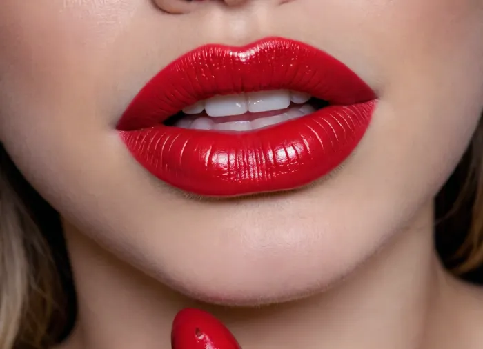 close up of woman's lips, zoom in on lips, ((macro photo)), bright scarlet red lips, lip gloss, full lips, ((applying lipstick)), ((penis shaped lipstick)), sensual, (((plump lips))), wet lips