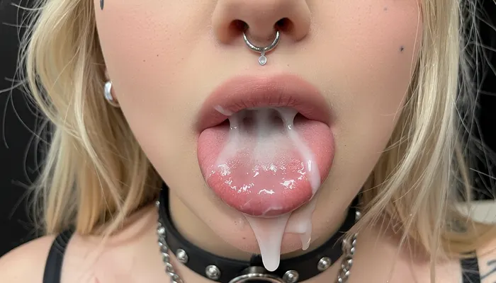 a blonde goth girl with huge bimbo lips has her mouth slightly open and completely full of cum, she can barely keep the massive amount of cum inside her mouth, she is incredibly beautiful, she has a very cute round face, goth makeup and piercings, she wears a choker, doll face, full body picture, Canon EOS 5D Mark II, kodak, photo, tattoo, pale, cold, lighting