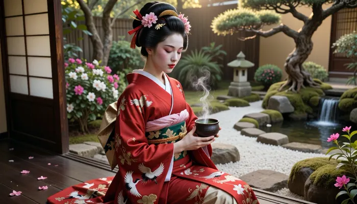 A photorealistic image of a young Japanese geisha in traditional attire, with an elegant hairstyle adorned with pink cherry blossoms and gold hair accessories, sitting on the wooden veranda of a traditional Japanese house with a Zen garden. She wears a red kimono featuring white cranes and golden flowers, with a white collar and a green patterned obi. She has traditional geisha makeup, closed eyes, and bright red lips. She holds a black ceramic chawan cup with both hands, from which steam rises from hot green tea. Background, open shoji doors, a stone lantern, a small waterfall flowing into a pond, moss-covered stones, blooming azaleas, and bonsai. Soft sunlight during the “golden hour, ” flower petals on the floor. Highly detailed, cinematic lighting—a masterpiece.