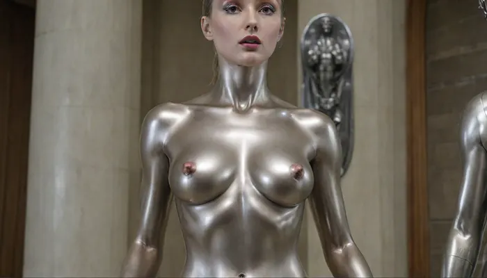 The girl is cast from stainless steel maximum realism exactly matches the description The statue is a completely naked all-metal virgin with large spherical breasts and long nipples polished to a mirror shine, (very detailed open pussy made of rainbow metal:1.3), beautiful facial features with long shiny eyelashes, (metal:1.9), artoflips, uoclips, lips, lipstick, art, of, ((cast from stainless steel)), longnips, ral-polishedsteel, wood, statue, marble, bronze, <lora:longnipsxl:1.4>, <lora:ral-polishedsteel-sdxl:2>, <lora:Statue_XL:2>