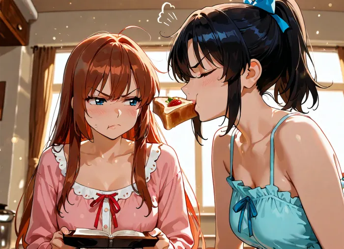 score_9, score_8 up, A masterpiece, the best quality, ultra-detailed hentai anime image, 2d_anime_style, flat_shading, cel_shading, clean_lineart, bold_lines, anime_screencap, retro_shonen_anime_style, expressive_faces, vibrant_flat_colors, simple_shadows, limited_palette, dynamic_pose, hand_drawn_style, crisp_edges

2girls, Two female flatmates in modest morning nightwear both seated at the kitchen table together. Girl A, wearing pink, is reading a large full‑size newspaper, absorbed in the article. Girl B, wearing blue, sits beside her, chewing loudly on toast, visual 'chew' noises emanating from toast, completely unaware, of how distracting she is, eyes part closed, blissful look, enjoying her toast. Girl A turns head towards Girl B and shoots Girl B the side‑eye, and screws up her face, (angry face), very annoyed at girl B. Photorealistic, soft cinematic lighting, rich colour depth, shallow depth of field, detailed clothing textures, natural skin tones, crisp highlights, gentle background bokeh, full‑frame realism.

anime_colour_grading, soft_flat_highlights, simple_background_detail, stylized_proportions, smooth_gradients