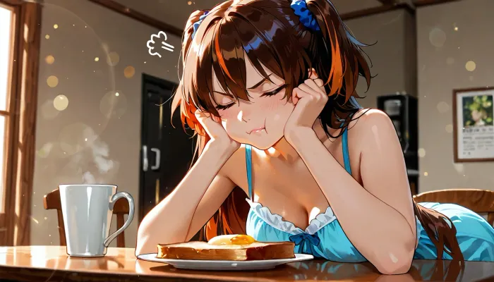 score_9, score_8 up, A masterpiece, the best quality, ultra-detailed hentai anime image, 2d_anime_style, flat_shading, cel_shading, clean_lineart, bold_lines, anime_screencap, retro_shonen_anime_style, expressive_faces, vibrant_flat_colors, simple_shadows, limited_palette, dynamic_pose, hand_drawn_style, crisp_edges

2girls, Two female flatmates in modest morning nightwear both seated at the kitchen table together. Girl A, wearing pink, is reading a large full‑size newspaper, absorbed in the article. Girl B, wearing blue, sits beside her, chewing loudly on toast, visual 'chew' noises emanating from toast, completely unaware, of how distracting she is, eyes part closed, blissful look, enjoying her toast. Girl A turns head towards Girl B and shoots Girl B the side‑eye, and screws up her face, (angry face), very annoyed at girl B, not at the newspaper. Photorealistic, soft cinematic lighting, rich colour depth, shallow depth of field, detailed clothing textures, natural skin tones, crisp highlights, gentle background bokeh, full‑frame realism.

anime_colour_grading, soft_flat_highlights, simple_background_detail, stylized_proportions, smooth_gradients