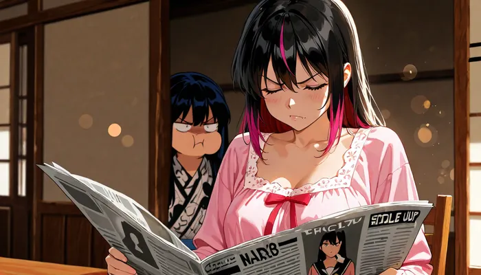 score_9, score_8 up, A masterpiece, the best quality, ultra-detailed hentai anime image, 2d_anime_style, flat_shading, cel_shading, clean_lineart, bold_lines, anime_screencap, retro_shonen_anime_style, expressive_faces, vibrant_flat_colors, simple_shadows, limited_palette, dynamic_pose, hand_drawn_style, crisp_edges

Two female flatmates in modest morning nightwear seated at the kitchen table. Girl A is reading a large full‑size newspaper, absorbed in the article. Girl B sits beside her, chewing loudly on toast, visual 'chew' noises emanating from toast, completely unaware, of how distracting she is, eyes part closed, blissful look, enjoying her toast. Girl A turns head towards Girl B and shoots Girl B the side‑eye, and screws up her face, (angry face), clearly annoyed at her, not at the newspaper. Photorealistic, soft cinematic lighting, rich colour depth, shallow depth of field, detailed clothing textures, natural skin tones, crisp highlights, gentle background bokeh, full‑frame realism.

anime_colour_grading, soft_flat_highlights, simple_background_detail, stylized_proportions, smooth_gradients