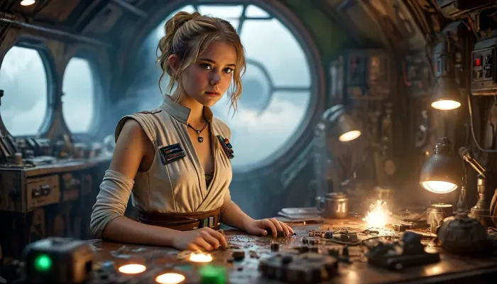 Star Wars Style, female 18 year old petite Jedi, repairing stuff at messy table, in a messy common room, inside Millennium Falcon, slender, slim waist, short blonde messy hair, flat breasted, tanned skin, lucky charm necklace, beautiful brown leather belt, space tunic, perfect face, perfect hands, glass on table, extremely steaming green liquid, R2-D2, dejarik, 8k, high resolution, TIE, fighter, neon_style, cloudy, smoke, atmospheric, clouds, fog, <lora:TIE fighter:.8>, <lora:MJ52:.8>, <lora:Cloudy_Style:1.1>, look at viewer
