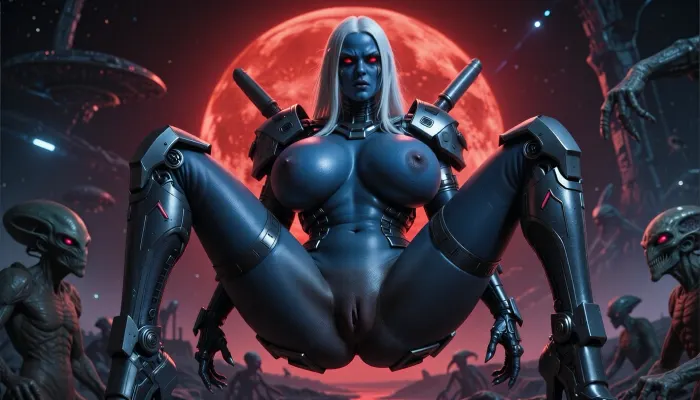 Sexy nude female alien, four huge massive breasts, two pairs of breasts, dark blue all body skin, bright white straight hair, dark red eyes, curvy, toned legs, swollen pussy, cameltoe, war armored, big cleavage, showing pussy, and extremely terrifying but horny manner, she floats in the air at alien world, red sun, Surrounded by alien creatures